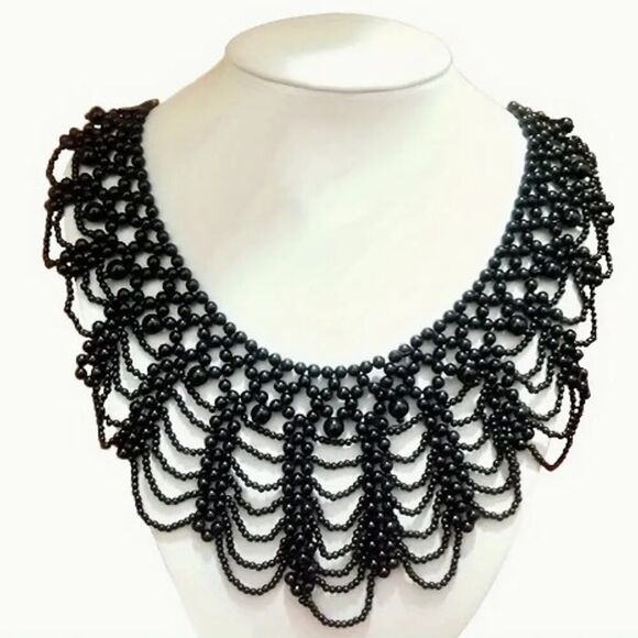 Faux Black Pearl Choker Bib Chain Necklace 17" Beautiful Lightweight - Picture 1 of 4